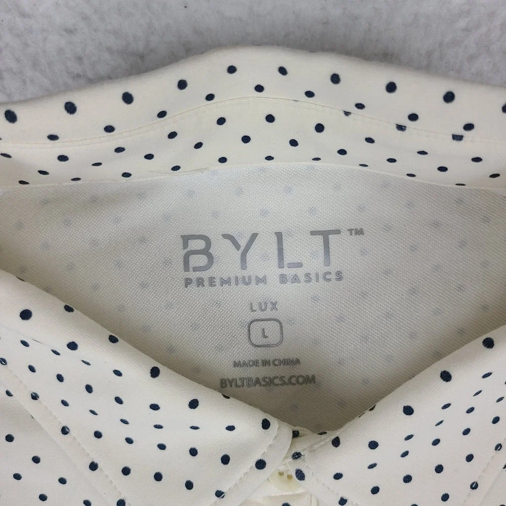 BYLT Premium Basics Lux Polo Shirt Mens Large Beige Black Polka Dot Performance